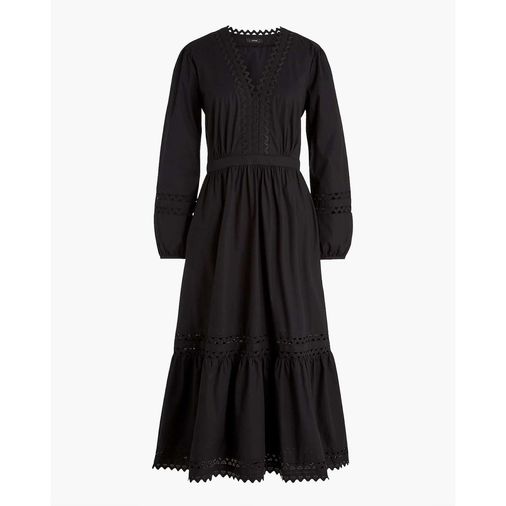 J. Crew Black Eyelet-Trim Tiered Midi Dress in Cotton Poplin with Pockets  Large